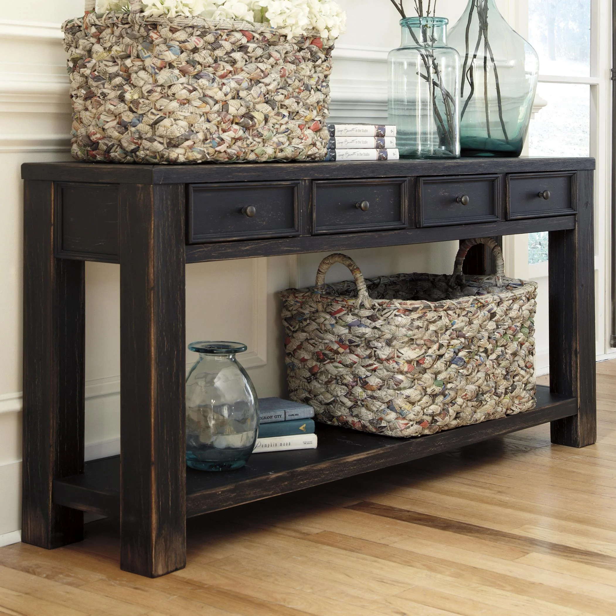 Signature Design by Ashley Gavelston T7324 Distressed Black Sofa Table